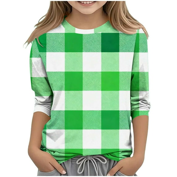 Pileajo St Patrick's Day Shirts for Kids Summer 3/4 Sleeve Round Neck Tees Boys Girls Shamrock Graphic Printed Tops