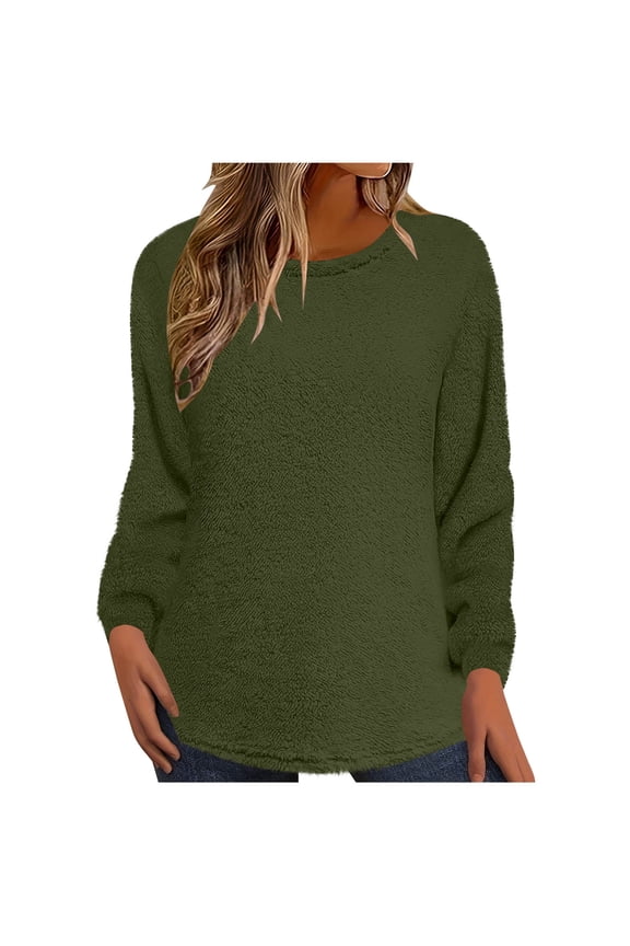 Women Fuzzy Fleece Tops Round Neck Soft Cozy Warm Loose Pullover Plus Size Thermal Base Layer Undershirts