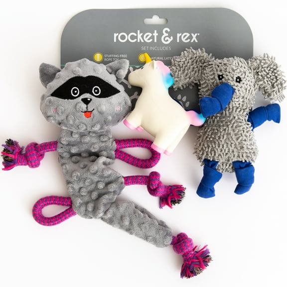 rocket & rex Dog Chew Toy Set for Small to Medium Breeds, Includes a Stuffing Free Rope, Rubber Squeaker and Plush Toy, Reduces Destructive Chewing & Anxiety (Pack of 3)