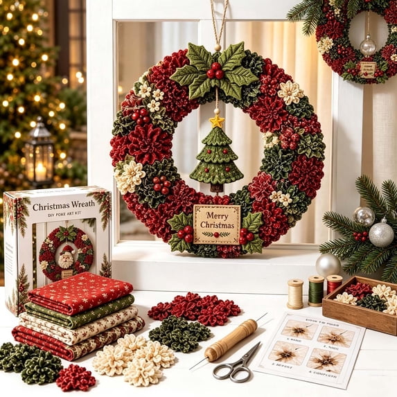 romoty 3D Fabric Poke Art Christmas Wreath DIY Kit, No-Sew Xmas Tree Wreath Making Craft Set for Front Door Mantel Wall Decor
