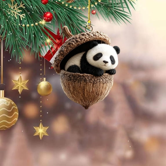 romoty 3D Resin Sleeping Panda Christmas Tree Ornament, Cute Panda Bear in Acorn Nut Shell Hanging Figurine for Holiday Home Decor