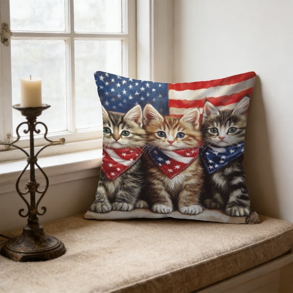 romoty 4th of July Patriotic Pillow Covers 18"x18", Individual Independence Day Kittens and Gnomes Throw Pillow Case, Square Decorative Cushion Cover for Home Sofa Couch Farmhouse Decor