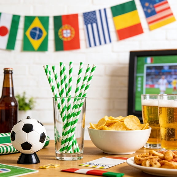 romoty 8 Pcs Soccer Themed Paper Straws - 8" Green and White Striped Drinking Straws for Global Soccer Celebration - Eco-Friendly Party Supplies