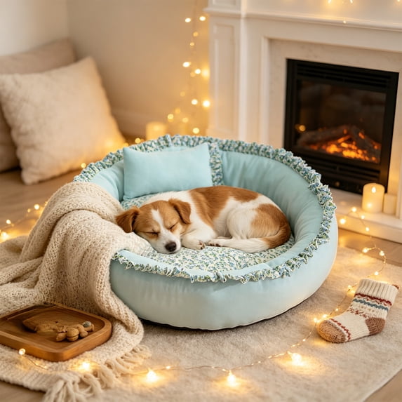 romoty All Season Round Pet Bed, Blue Medium 20 Inch Soft Floral Ruffled Plush Kitty Cushion Warm Dog Bed for Cats Small Dogs