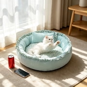 romoty All Season Round Pet Bed, Blue Small 16 Inch Soft Floral Ruffled Plush Kitty Cushion Warm Dog Bed for Cats Small Dogs deal from Walmart