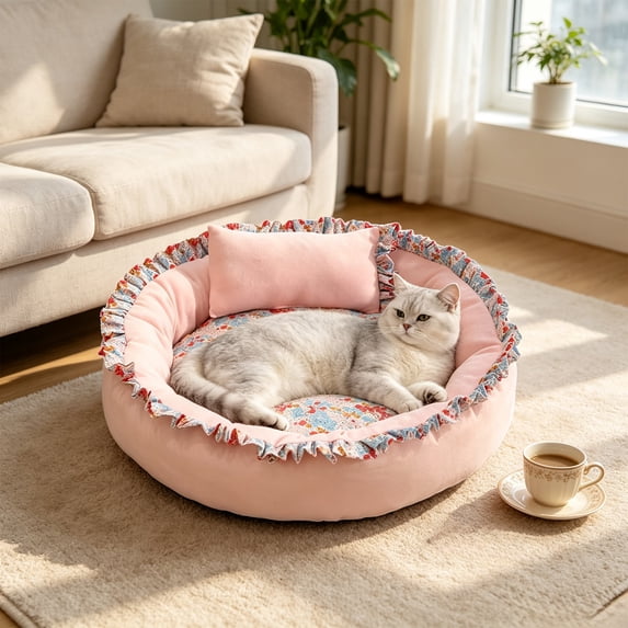 romoty All Season Round Pet Bed, Pink Medium 20 Inch Soft Floral Ruffled Plush Kitty Cushion Warm Dog Bed for Cats Small Dogs