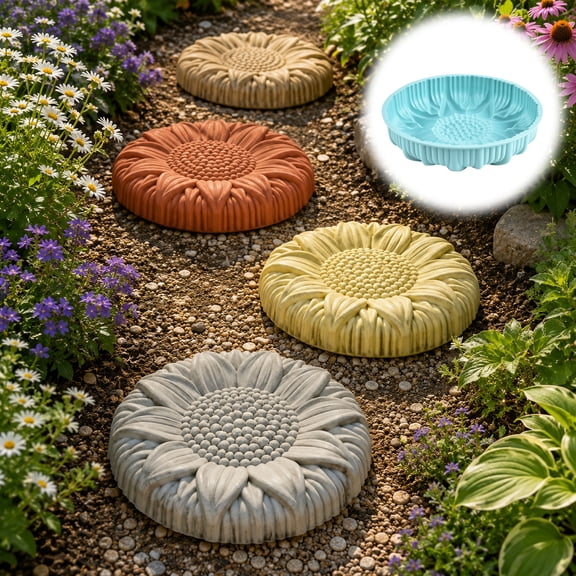 romoty Blue Fluted Sunflower Silicone Concrete Stepping Stone Mold, 10 Inch Deep Reusable Flower Round Cement Paver Form, DIY Garden Pathway Maker