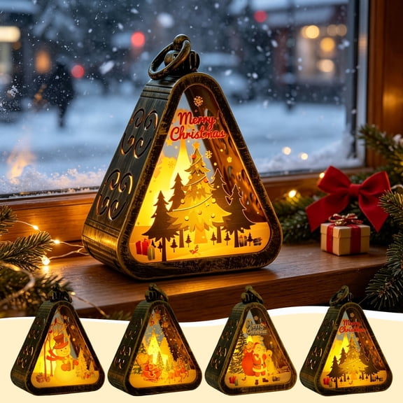 romoty Christmas Tree LED Lantern Night Light Antique Black Frame Battery Operated Hanging Xmas Lamp for Mantel Display