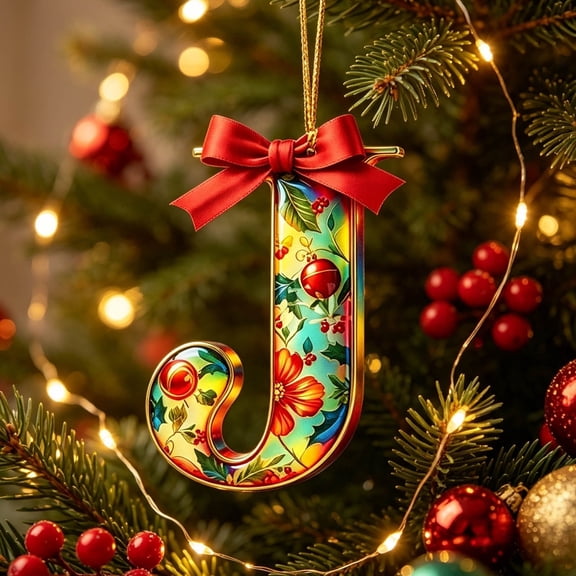 romoty Christmas Tree Ornaments, Personalized Initial Letter Monogram Pendants with Floral Wreath Bow, 2D Flat Acrylic Xmas Holiday Decor