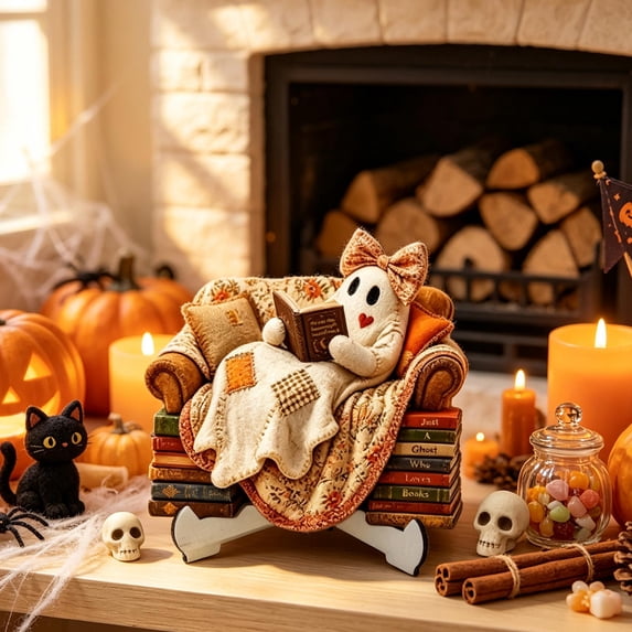 romoty Cute Ghost Reading Book Wooden Tabletop Decor Ornament, 5.91 x 5.51 Inches Ghost in Armchair Figurine Sign with Stand for Halloween Bookshelf Decor