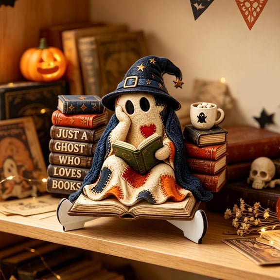 romoty Cute Ghost Reading Book Wooden Tabletop Decor Ornament, 5.91 x 5.71 Inches Ghost with Witch Hat Reading Figurine Sign with Stand for Halloween Bookshelf Decor