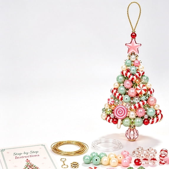 romoty DIY Beaded Christmas Tree Ornament Kit Candy Pastel Pink - Sweet Peppermint Candy Acrylic Bead Craft Set Holiday Hanging Pendant for Xmas Decor