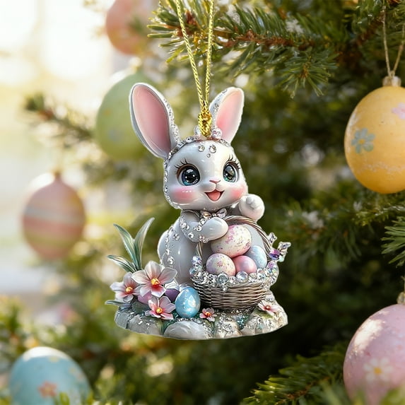 romoty Easter Bunny Hanging Ornament, 2D Flat Acrylic Rabbit Keychain. 3.15x2.24 Inch Decorative Car Rearview Mirror Pendant for Spring Holiday, Backpack and Home Tree Decor Set