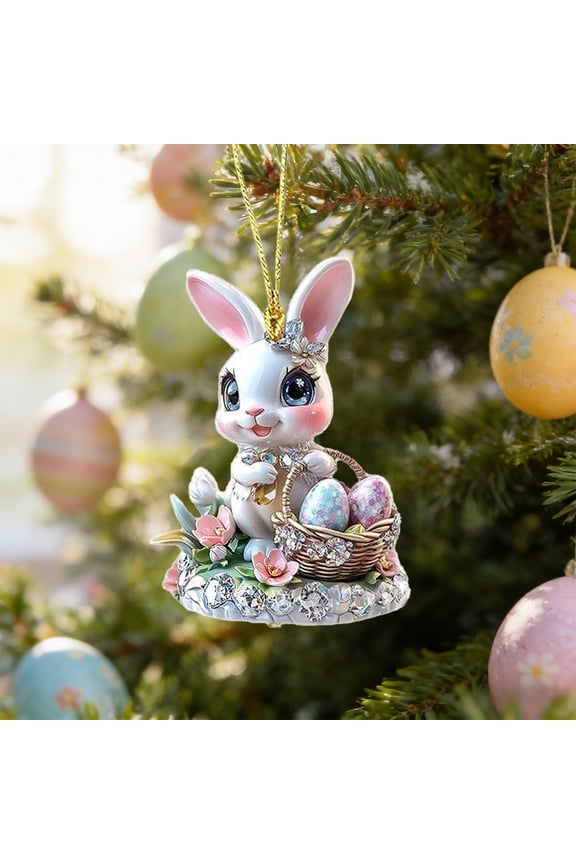 Easter Bunny Hanging Ornament, 2D Flat Acrylic Rabbit Keychain. 3.15x2.24 Inch Decorative Car Rearview Mirror Pendant for Spring Holiday, Backpack and Home Tree Decor Set