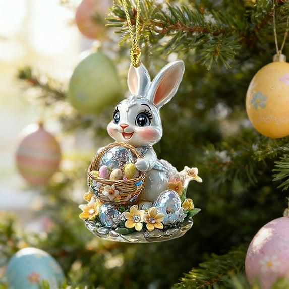 romoty Easter Bunny Hanging Ornament, 2D Flat Acrylic Rabbit Keychain. 3.15x2.24 Inch Decorative Car Rearview Mirror Pendant for Spring Holiday, Backpack and Home Tree Decor Set