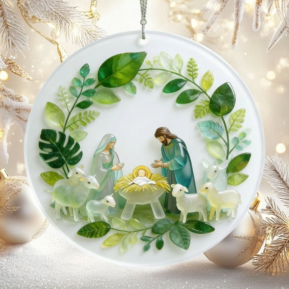 romoty Easter Nativity Scene Ornament 3.15 Inch Hanging Decoration 2D Acrylic Pendant with Holy Family Mary Jesus and Lambs Religious Resurrection Sunday Gift for Home Tree and Wall Decor Set