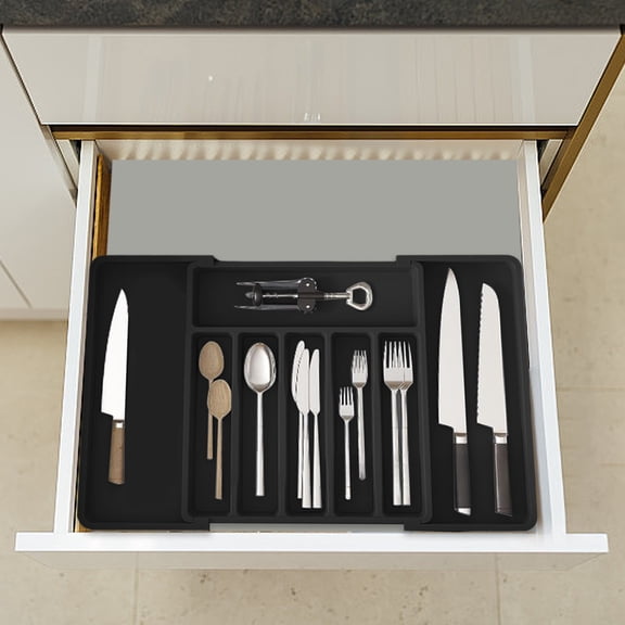 romoty Expandable Utensil Tray for Kitchen Flatware Cutlery Adjustable Plastic Storage for Spoons Forks Knives