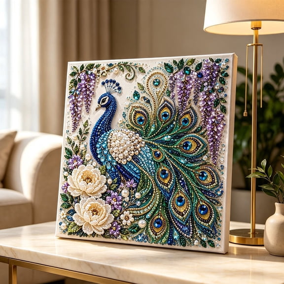romoty Framed DIY Diamond Painting Kit 7.87x7.87 Inch, Graceful Peacock Crystal Rhinestone Art Paint with Diamonds for Adults Kids Home Wall Decor