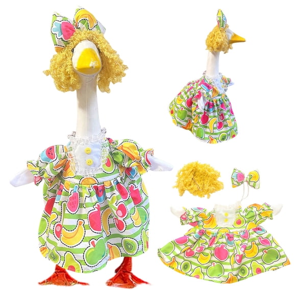 romoty Fruit Pattern Porch Goose Outfits with Yellow Wig & Bow, Summer Tropical Fruit Dress for 23 Inch Large Goose, Whimsical Garden Decor for Patio & Front Door Display