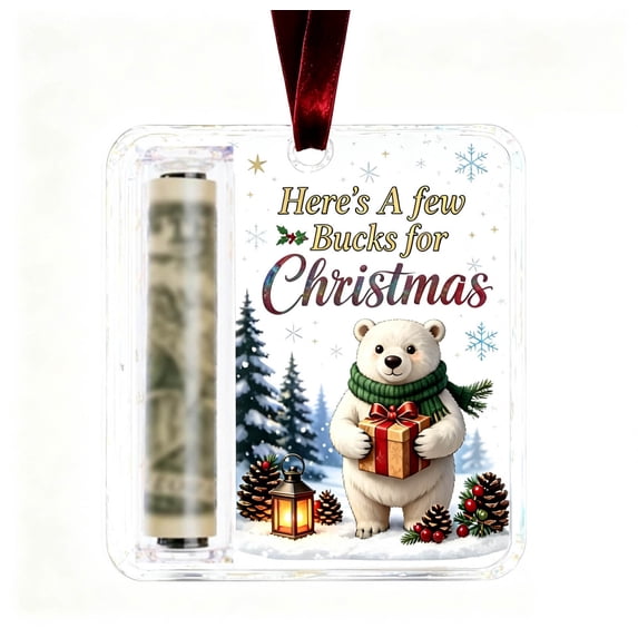 romoty Funny Christmas Money Holder for Cash, Cute Polar Bear with Gift Box Acrylic Hanging Ornament for Tree & Stocking Gifting