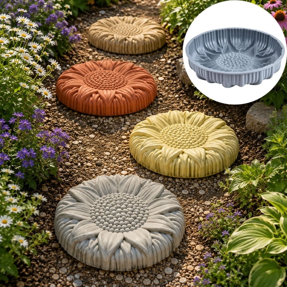 romoty Grey Fluted Sunflower Silicone Concrete Stepping Stone Mold, 10 Inch Deep Reusable Flower Round Cement Paver Form, DIY Garden Pathway Maker