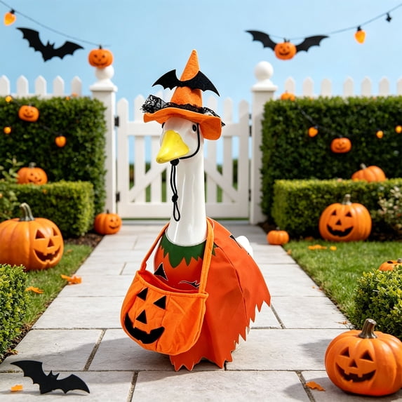 romoty Halloween 3-Piece Porch Goose Outfits - Witch Hat Cape Pumpkin Bag Set, Festive Lawn Goose Costume for 23 Inch Concrete Geese, Fall Autumn Yard Doorstep Decor