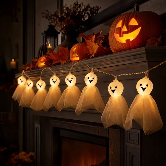 romoty Halloween Fabric Ghost LED String Light, Cozy Tufted Cloth Shroud Phantom Tassel Fairy Lamp Strand for Farmhouse Living Room Decor