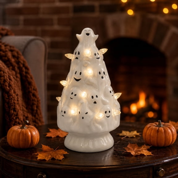 romoty Halloween Ghost Resin Tree Figurine, Glowing White Sheet Phantom Tower Statue for Tabletop Autumn Mantel Decor