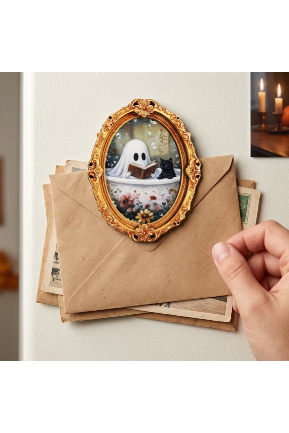 Halloween Ghost Wooden Fridge Magnet, Vintage Gold Baroque Frame Printed Photo Token, Whimsical Shroud Phantom Magnetic Memo Clip for Kitchen Decor