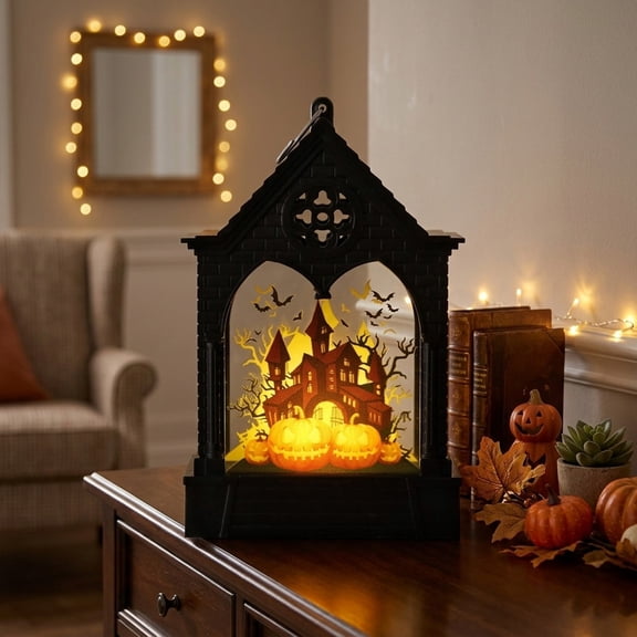 romoty Halloween Gothic Pavilion LED Window Lantern Castle Variant, Light-Up Retro Silhouette Holiday Accent Lamp for Bedroom Dining Table Party Decor