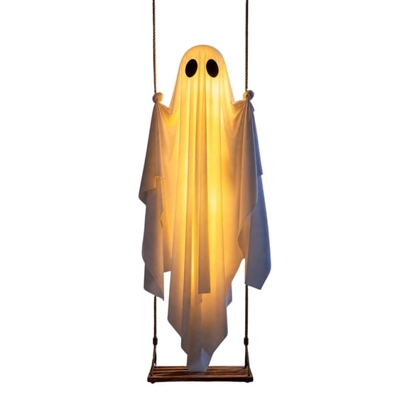 romoty Halloween Light-Up Swinging Ghost Hanging Decor, 53" x13" Large Solar Fabric Ghost on Swing, White Luminous Tree Porch Ornament for Summerween Outdoor Decor