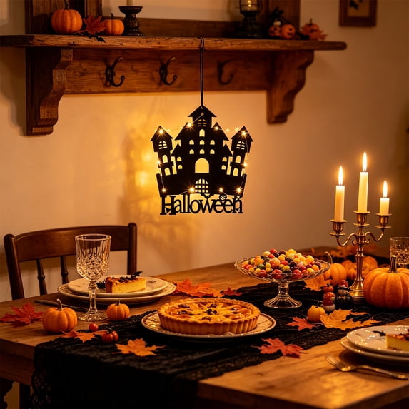 romoty Halloween Lighted Hanging Ornament, 7.1 in Castle Silhouette Black Acrylic LED Window Lamp with Warm Fairy Lights for Spooky Front Door Wall Party Decor Accent