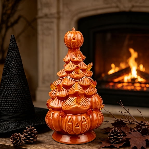 romoty Halloween Lighted Tree Figurine, 11.81 Inch Orange Pumpkin Resin Tree with Yellow LED Bulbs for Tabletop Fireplace Mantel Decor