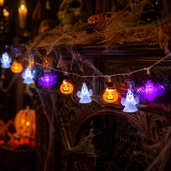 romoty Halloween Pumpkin Ghost LED String Light, Whimsical Mixed Orange Jack-O-Lantern & Purple Spirit Fairy Lamp Strand for Party Decor