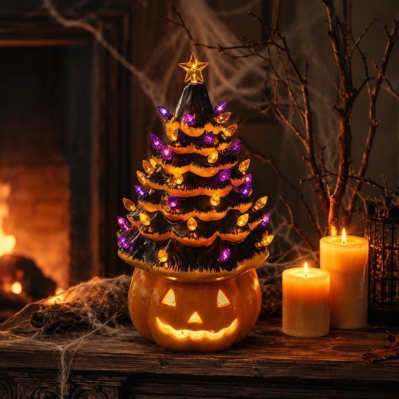 romoty Halloween Pumpkin Tree Figurine, Festive Light-Up Jack-O-Lantern Stacked Tower Statue for Tabletop Mantel Harvest Decor