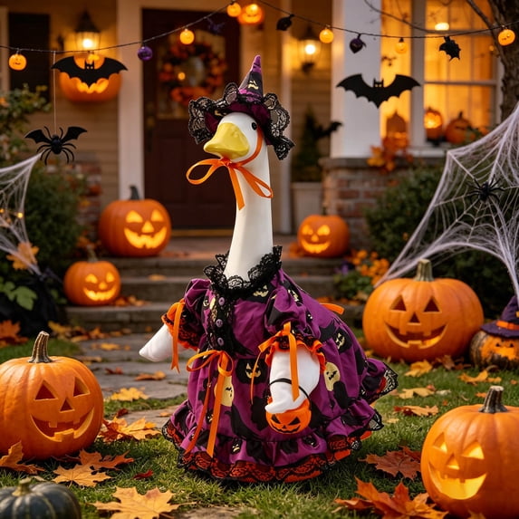 romoty Halloween Purple Witch Porch Goose Outfits, Gothic Jack-O-Lantern Lace Dress with Hat Mini Bucket for 23 Inch Concrete Geese, Fall Autumn Yard Decor