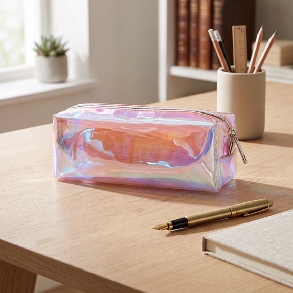 romoty Holographic Clear Pencil Case, Orange Iridescent Zipper Stationery Pouch Portable Cosmetic Makeup Bag for Desk Office Adults