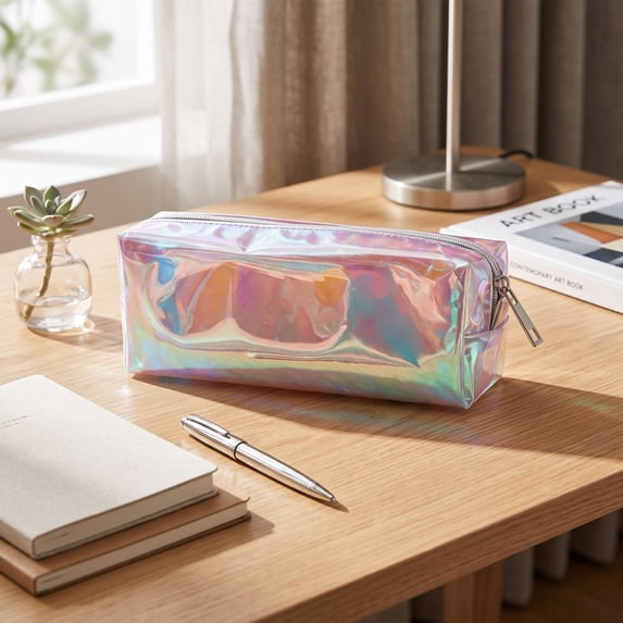 romoty Holographic Clear Pencil Case, Pink Iridescent Zipper Stationery Pouch Portable Cosmetic Makeup Bag for Desk Office Adults