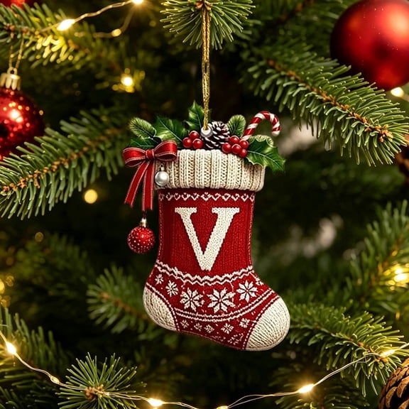 romoty Initial Christmas Tree Letter Ornaments, Knitted Snowflake Stocking Monogram Pendants, 2D Flat Acrylic Holiday Decor for Tree Car