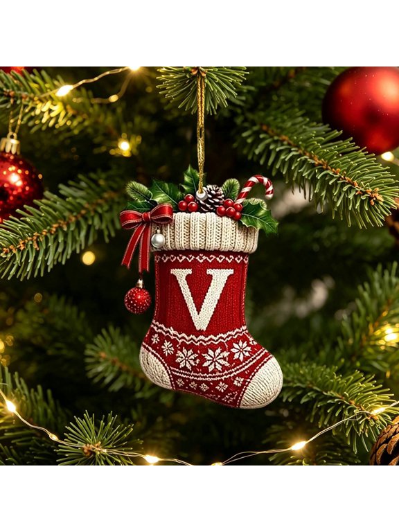 Initial Christmas Tree Letter Ornaments, Knitted Snowflake Stocking Monogram Pendants, 2D Flat Acrylic Holiday Decor for Tree Car