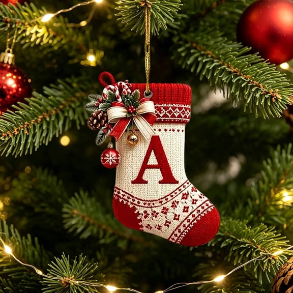 romoty Initial Christmas Tree Letter Ornaments, Knitted Snowflake Stocking Monogram Pendants, 2D Flat Acrylic Holiday Decor for Tree Car