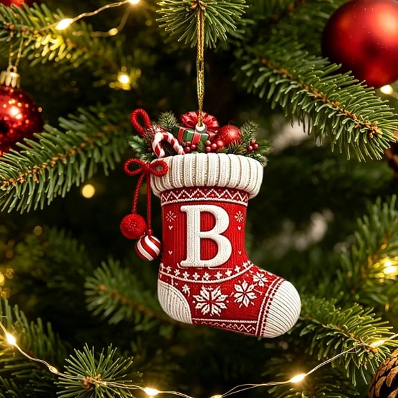 romoty Initial Christmas Tree Letter Ornaments, Knitted Snowflake Stocking Monogram Pendants, 2D Flat Acrylic Holiday Decor for Tree Car