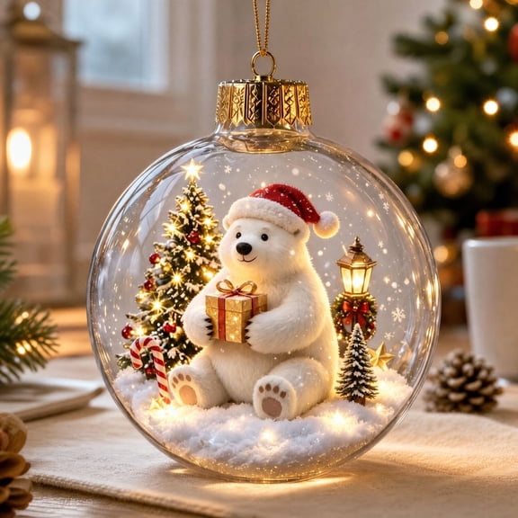 romoty Light Up Christmas Tree Ball Ornament, 3.15x3.15 Inch Clear LED Bauble with Christmas Polar Bear & Gift for Tree Mantel Decor