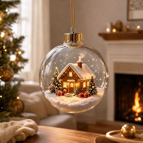 romoty Light Up Christmas Tree Ball Ornament, 3.15x3.15 Inch Clear LED Bauble with Snowy Forest Log Cabin for Tree Fireplace Decor
