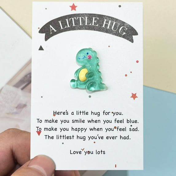 romoty Little Dinosaur Pocket Hug Gift, 3.54" x 2.36" Greeting Card with Resin Animal Miniature for School Exchange, SEL Classroom Prizes & Thinking of You Gifts