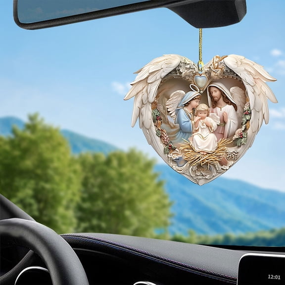 romoty Nativity Scene Christmas Heart Ornament 3.15" x 2.71" 2D Flat Acrylic Pendant Festive Hanging Decor for Rearview Mirror and Tree