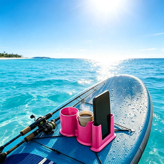 romoty Paddleboard Cup Holder with Phone Mount Pink, 7.28 in Dual Beverage Water Bottle Rack for Kayak Canoe SUP Boat Rail