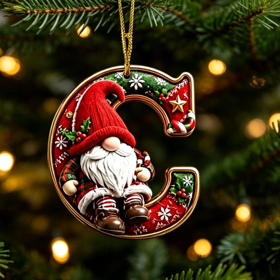 romoty Personalized Christmas Letter C Ornaments, Cute Gnome Kitten Initial Pendants, 2D Flat Acrylic Monogram Tree Car Mirror Decor