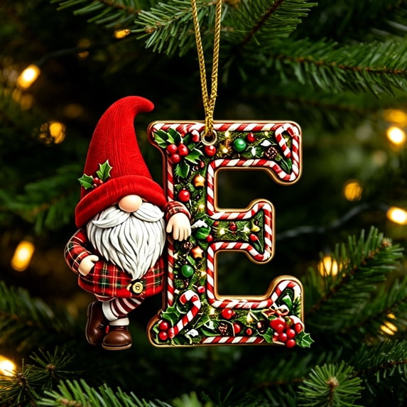 romoty Personalized Christmas Letter E Ornaments, Cute Gnome Kitten Initial Pendants, 2D Flat Acrylic Monogram Tree Car Mirror Decor