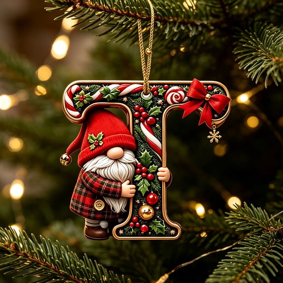 romoty Personalized Christmas Letter Ornaments, Cute Gnome Kitten Initial Pendants, 2D Flat Acrylic Monogram Tree Car Mirror Decor